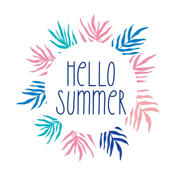 Wreath round frame with colorful bright palm leaves foliage silhouette. Hello Summer - seasonal greeting card, welcome summer, june, first day of summer — Image vectorielle