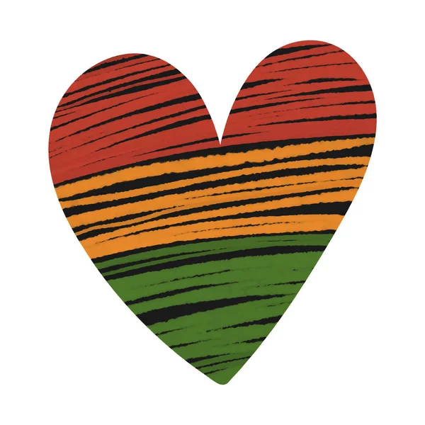 Svart hjärta med strukturerade ränder i traditionella afrikanska färger - röd, gul, grön. Designelement för Juneteenth, Kwanzaa, Black History månad. vektor illustration isolerad på vit bakgrund. — Stock vektor