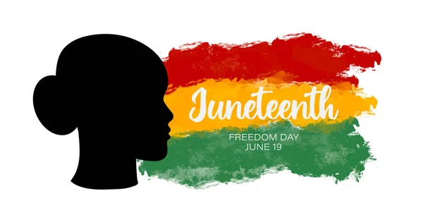 Juneteenth banner with woman black silhouette and African American grunge textured flag. Vector design for USA ethnic heritage black freedom holiday celebration. Invitation, flyer design — Vector de stock