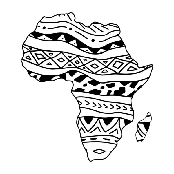 Vector illustration of Africa with ethnic tribal African style ornament pattern. Hand drawn black and white horizontal stripes. Simple artistic map of African continent. — Stok Vektör