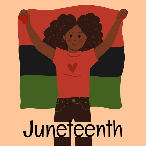 Happy African American young woman with raised hands holding Pan African, Black Liberation flag. Celebrating character - black girl. Jubilee, Emancipation, Freedom Day greeting card. — Vector de stock