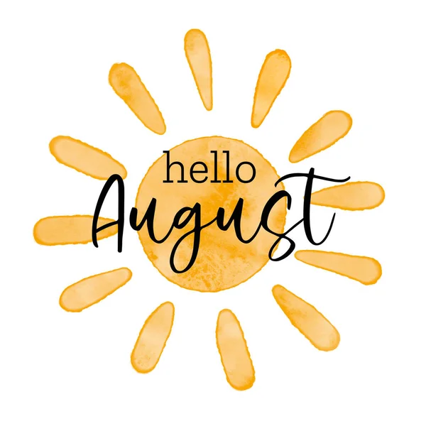 Merhaba August - Suluboya basit bir vektör güneş simgesi. Vektör illüstrasyon, Ağustos, yaz için tebrik kartı, poster tasarımı.