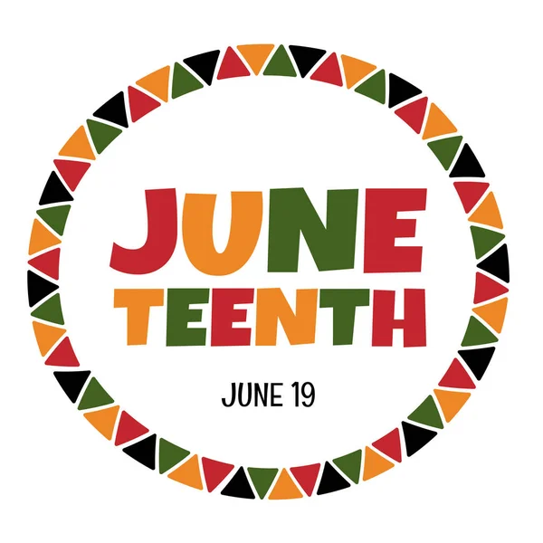 Tatlı Juneteenth yuvarlak logo tasarımı, üçgen Afrika renklerinde yuvarlak çerçeve. Basit Haziran, Özgürlük Günü vektör tebrik kartı.
