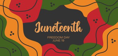 Juneteenth soyut yatay afiş tasarımı, rastgele kırmızı yeşil organik şekilli, sınır çizgileri. Haziran Özgürlük Günü için metin logolu vektör şablonu. ABD 'de kutlama.