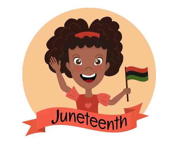 Feliz Joven Afroamericana Con Las Manos Levantadas Sosteniendo Bandera Panafricana — Vector de stock