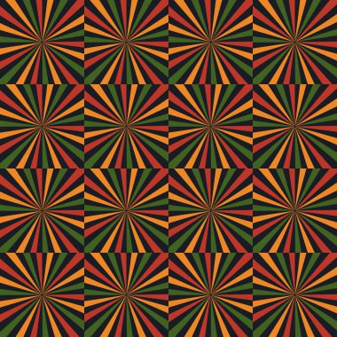 Pan Afrika bayrağı renginde yıldız patlaması çizgileri olan kareler içeren vektör soyut deseni - kırmızı, sarı, siyah, kırmızı. Juneteenth, Kwanzaa, Siyah Tarih Ayı için arka plan tasarımı. Basit tekrar yazdırma, duvar kağıdı
