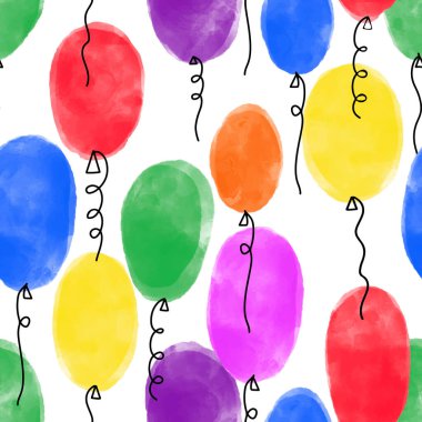 Renkli balonlarla suluboya desenli şirin vektörsüz desenli arka plan. Doğum günü, tatil, parti, düğün parlak pozitif fon