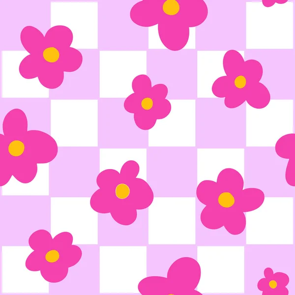 Pink and White Groovy Checkerboard Grid seamless pattern with small daisy flower doodle. Y2K 90s seamless pattern vector background. Retro hippie girlish 2000s repeat texture design.