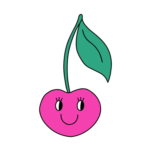 Cute Kawaii Y2K Cherry Berry Dengan Wajah Tersenyum Dan Daun - Stok Vektor
