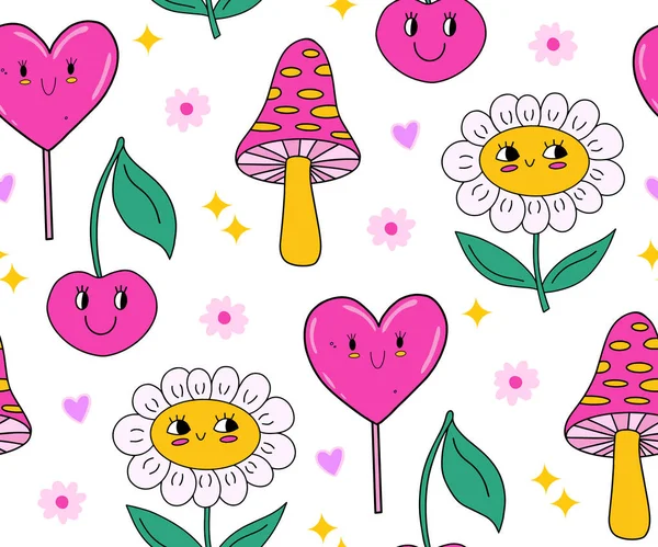 Cute Kawaii Y2K Daisy Seamless Pattern Background Daisy Romomile Flower — стоковый вектор