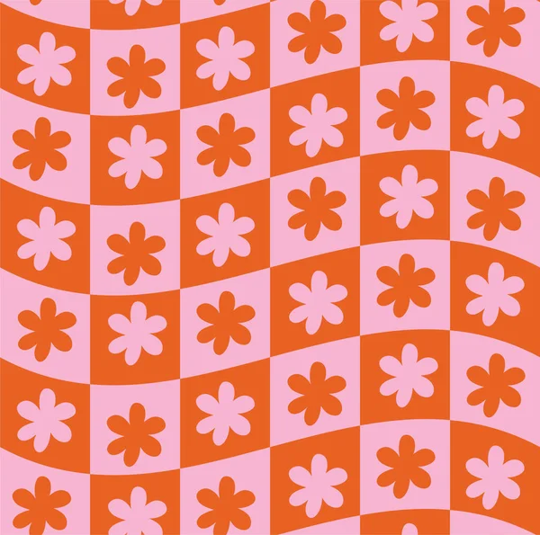 Şahane Dalgalı Erimiş Psikedelik Checkerboard papatya çiçekleri Y2K 90 'ların kusursuz model vektör arkaplanlı. Retro hippi trippy optik tekrarlama doku duvar kağıdı, tekstil tasarımı.