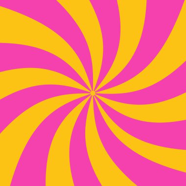 Neon bright twisted sunburst background design. Vector twisted sunshine with yellow Sun rays on pink backdrop. Sun burst wallpaper, abstract square retro vintage banner template.