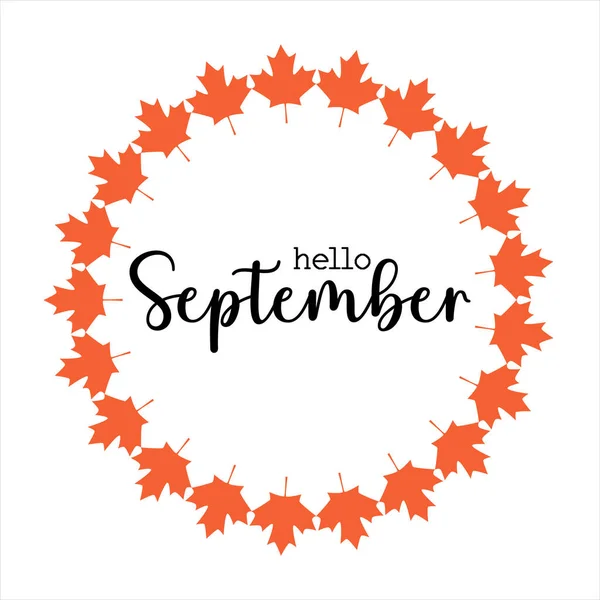 Hello September Greeting Card Maple Leaf Icon Vector Design Autumn — ストックベクタ