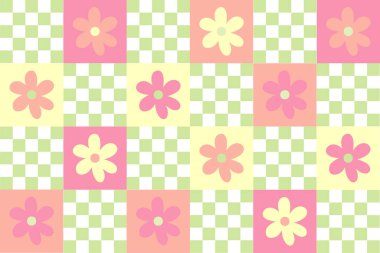 Şirin y2k yama işlemeli çiçeksiz desenli arka plan. Pastel renkli dama tahtası ve papatya arka planı. Modern, modaya uygun, parlak vektör tasarımı, Tekstil ve duvar kağıtları için Danimarka pastel modayı baskısı