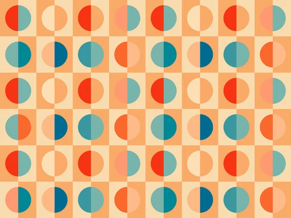 Groovy retro abstract seamless pattern background in retro color palette blue orange. Half circles checkerboard vintage backdrop, vector hippie 60s walpaper, texture, textile geometric design