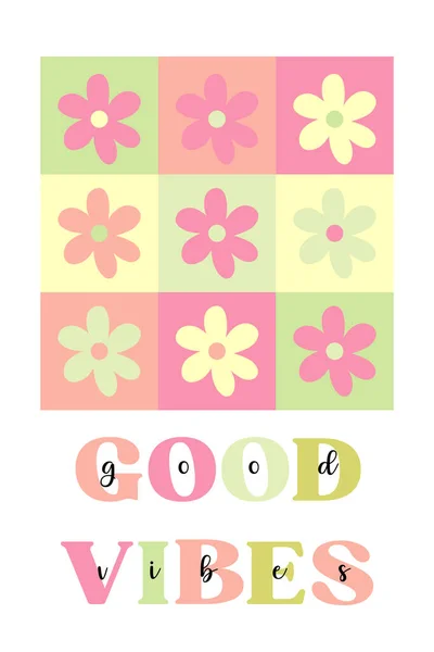 Cute Y2K Patchwork Floral Poster Shirt Print Good Vibes Lettering — Image vectorielle