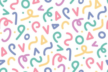 Seamless pattern background with bright cute memphis elements - lines, triangles, circles, swirls. Cute abstract childish print, texture, textile, wallpaper