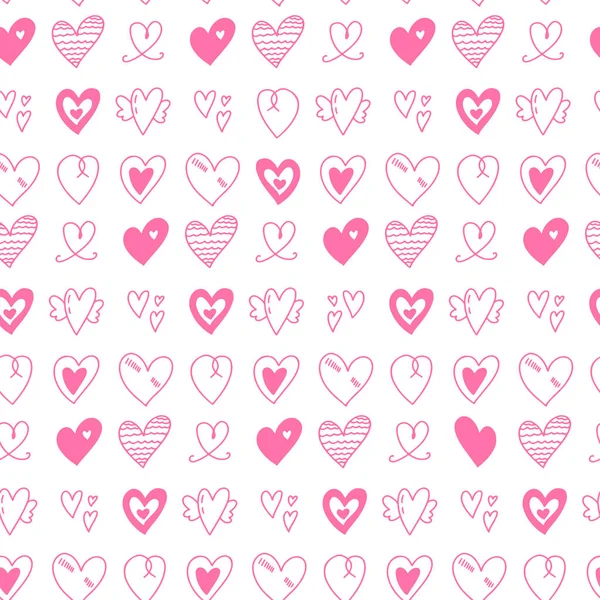 Vector Seamless Pattern Cute Various Hand Drawn Simple Hearts Doodle — Stockvektor