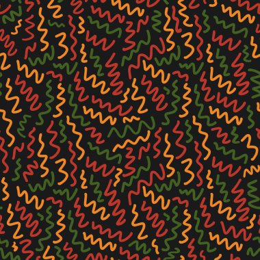 Abstract seamless pattern with random hand drawn scribbles doodle lines in traditional African colors - red, yellow, green on black background. Ethnic backdrop for Kwanzaa, Black History Month