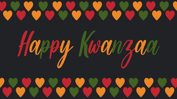 Happy Kwanzaa Banner Hearts Cursive Calligraphy Lettering African American Ethnic —  Vetores de Stock