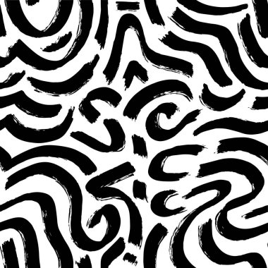 Abstract artistic seamless pattern background with black ink paint brush irregular stroke shapes. Black and white monochrome modern grunge textured print, wallpaper, textile