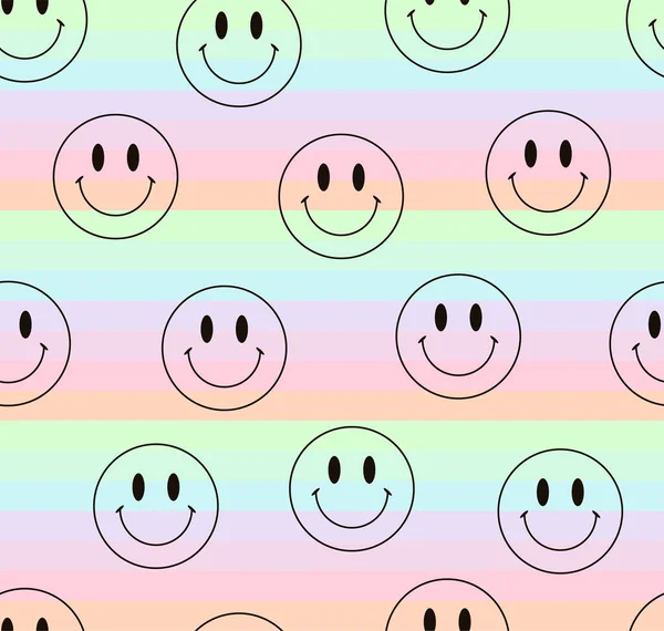Seamless Pattern Background Pastel Horizontal Lines Smiling Face Emotion Circles — Stockvector