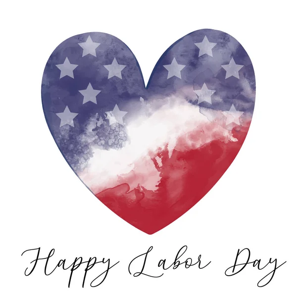 Happy Labor day greeting card with Watercolor textured vector heart in color of American flag of USA with white stars. Patriotic design for US federal holiday