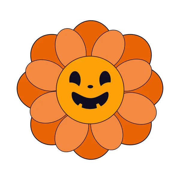 Жуткий Ретро Ромашка Цветок Оранжевый Тыквенный Стиль Страшным Смешным Лицом — стоковый вектор