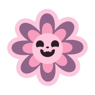 Spooky retro daisy flower with carved pumpkin style face with smile, scary funny emotion. Groovy retro y2k Halloween clip art design element, t shirt print