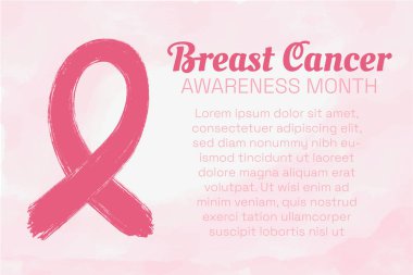 Breast Cancer Awareness Month banner with delicate pink watercolor background, paint textured pink ribbon. Copy space for text.