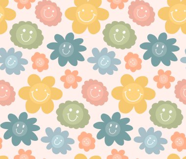 Cute simple seamless pattern floral background with different colorful doodle daisy flower head, face with smile. Positive smiling flower backdrop.