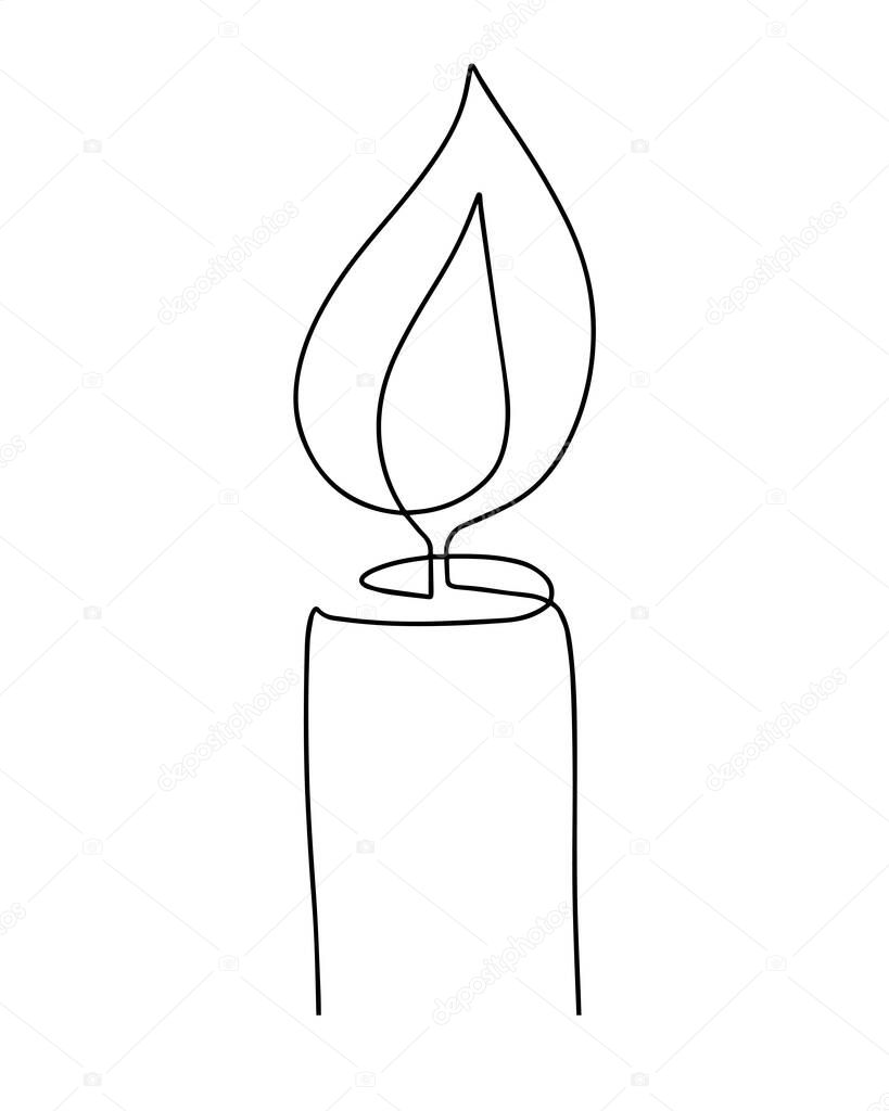 Continuous one line drawing candle burning flame. Black contour line simple minimalist graphic isolated vector illustration. Grief loss concept.