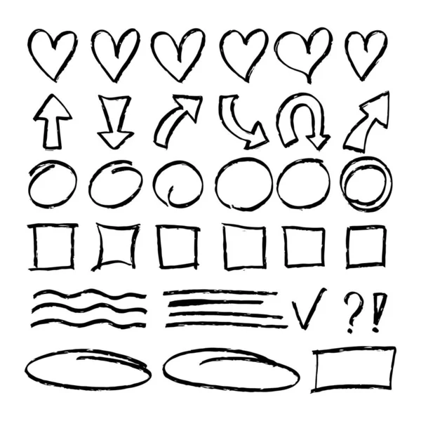 Set Black Ink Textured Doodle Symbols Hearts Circles Box Lines — Stockvektor