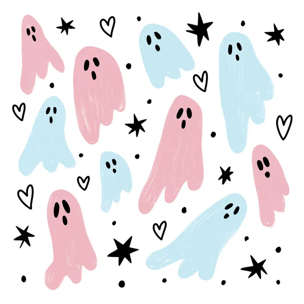 Vector Illustration Set Cute Pink Blue Paint Textured Ghosts Figures —  Vetores de Stock