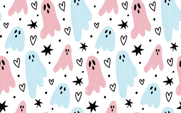 Seamless Pattern Background Cute Pink Blue Paint Textured Ghosts Doodle — Stock Vector