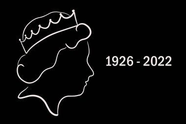 Queen Elizabeth II vector illustration line simple side profile portarait on black background. Graphic line art. RIP poster design 1926 - 2022.