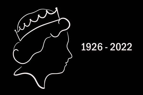 Queen Elizabeth II vector illustration line simple side profile portarait on black background. Graphic line art. RIP poster design 1926 - 2022.
