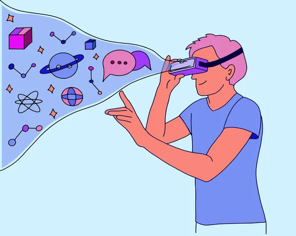 Ilustração Vetorial Uma Pessoa Usando Fones Ouvido Realidade Virtual Tecnologia — Vetor de Stock
