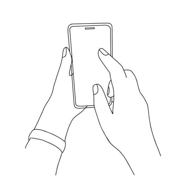 Ruce Držící Smartphone Prst Dotýkají Obrazovky Vektorová Ilustrace Jednoduchém Minimalistickém — Stockový vektor