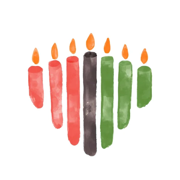 Kwanzaa festivali için yedi mum - Mishumaa. Sanatsal suluboya desenli vektör yeşil, kırmızı, siyah yanan mumlar. Afrika kökenli Amerikan etnik mirası kutlaması.
