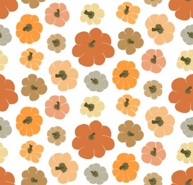 Cute vector seamless pattern background with top view pumpkins on white backdrop. Different various gourd in autumn warm color palette in simple hand drawn style. Fall wallpaper, texture, textile