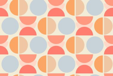 Modern soyut geometrik dikişsiz desen, dairesel şekiller ve modaya uygun pastel renkler. Vektör illüstrasyon retro vintage arka planı. Bauhaus stili baskı arkaplan tasarımı dokusu.