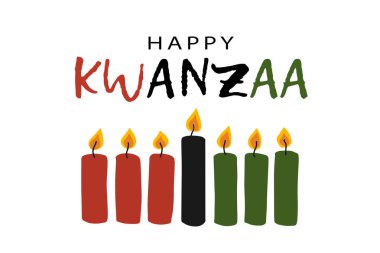 Mutlu Kwanzaa tebrik kartları, mesaj logosu, geleneksel Afrika renklerinde yedi mum - kırmızı, siyah, yeşil. Beyaz arkaplanda izole edilmiş basit vektör çizimi. Kwanza etnik marşı için pankart tasarımı
