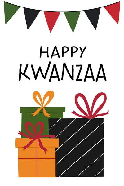 Tarjeta Felicitación Feliz Kwanzaa Con Pila Caja Regalo Banderines Lindo — Archivo Imágenes Vectoriales