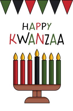 Kinara ve yedi mumlu Kwanzaa tebrik kartı, bayrak bayrağı, düz çizim. Afrika kökenli Amerikalı Kwanzaa bayramı için şirin, basit dikey poster.