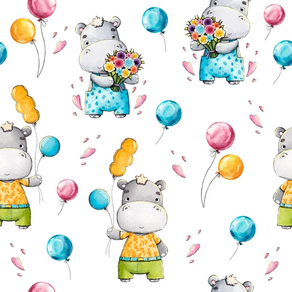 Balonlu ve çiçekli su aygırları. Suluboya çizimi. Kusursuz arkaplan.