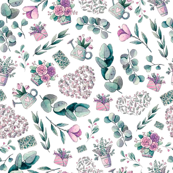 Bahar çiçekleri ve okaliptüs yaprakları. Suluboya çizimi. Bahar ve yaz arkaplanı.