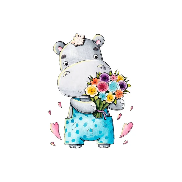 Tatlı su aygırı. Suluboya çocuk çizimi. Posterler, tekstil dekorları için kullanılabilir..