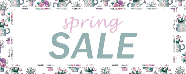 Yapraklı çerçeve. Bahar arka planı. Suluboya çizimi. Yatay reklam pankartı.