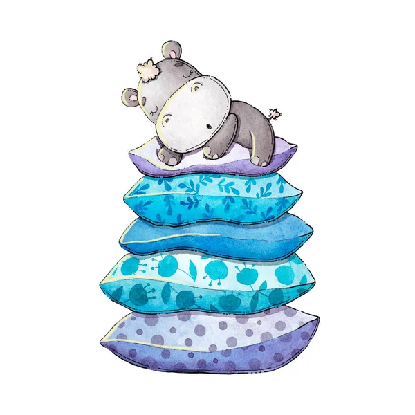 Tatlı su aygırı. Suluboya çocuk çizimi. Posterler, tekstil dekorları için kullanılabilir..